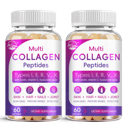 Multi Collagen Peptides Softgel - Type I, II, III, V, X - Hydrolyzed Collagen Peptides with Biotin, Vitamin C, Hyaluronic Acid, Supports Skin Hair Nail Nature's live