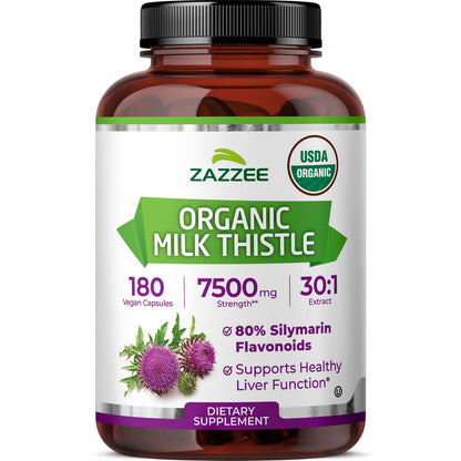 Zazzee USDA Organic Milk Thistle 30:1 Extract, 80% Silymarin, 120 Capsules | Vegan, 4 Month Supply, Certified Kosher, High Potency Liver & Antioxidant Support, Silybum Marianum, Non-GMO, Made in the USA Gsupps Australia