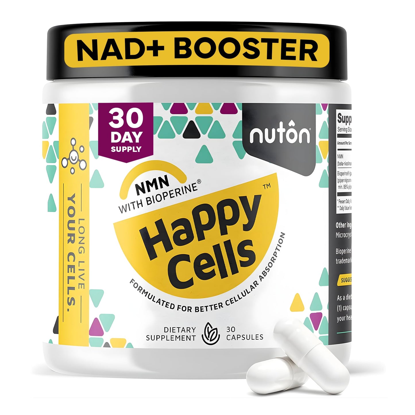 Nuton Happy Cells - NMN Supplement with Bioperine for Healthy Aging & Cellular Repair - NAD+ Supplement - Protects DNA, Promotes Skin Health & Brain Function Nuton