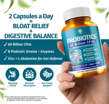 1 Body Probiotic 60 Billion for Men & Women, Gut Health Support with Prebiotics, Digestive Enzymes, Zinc & L-Glutamine, Non-GMO, 60 Vegan Capsules 1 Body