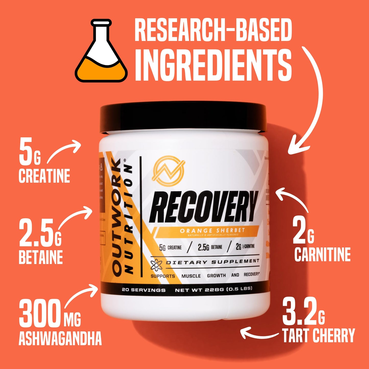 Outwork Nutrition Post Workout Recovery Powder - Creatine Monohydrate, KSM-66 Ashwagandha & Tart Cherry - Speeds Recovery, Eases Soreness - Creatine Powder for Men & Women, Orange Sherbet, 230 Gr