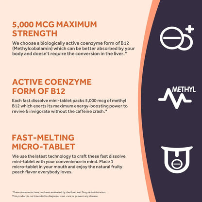 Doctor's Recipes Vitamin B12, Methylcobalamin 5000 mcg 90 Fast Dissolve Tablets, Natural Peach Flavor, Vegan Methyl, Energy Metabolism & Nervous System Doctor's Recipes