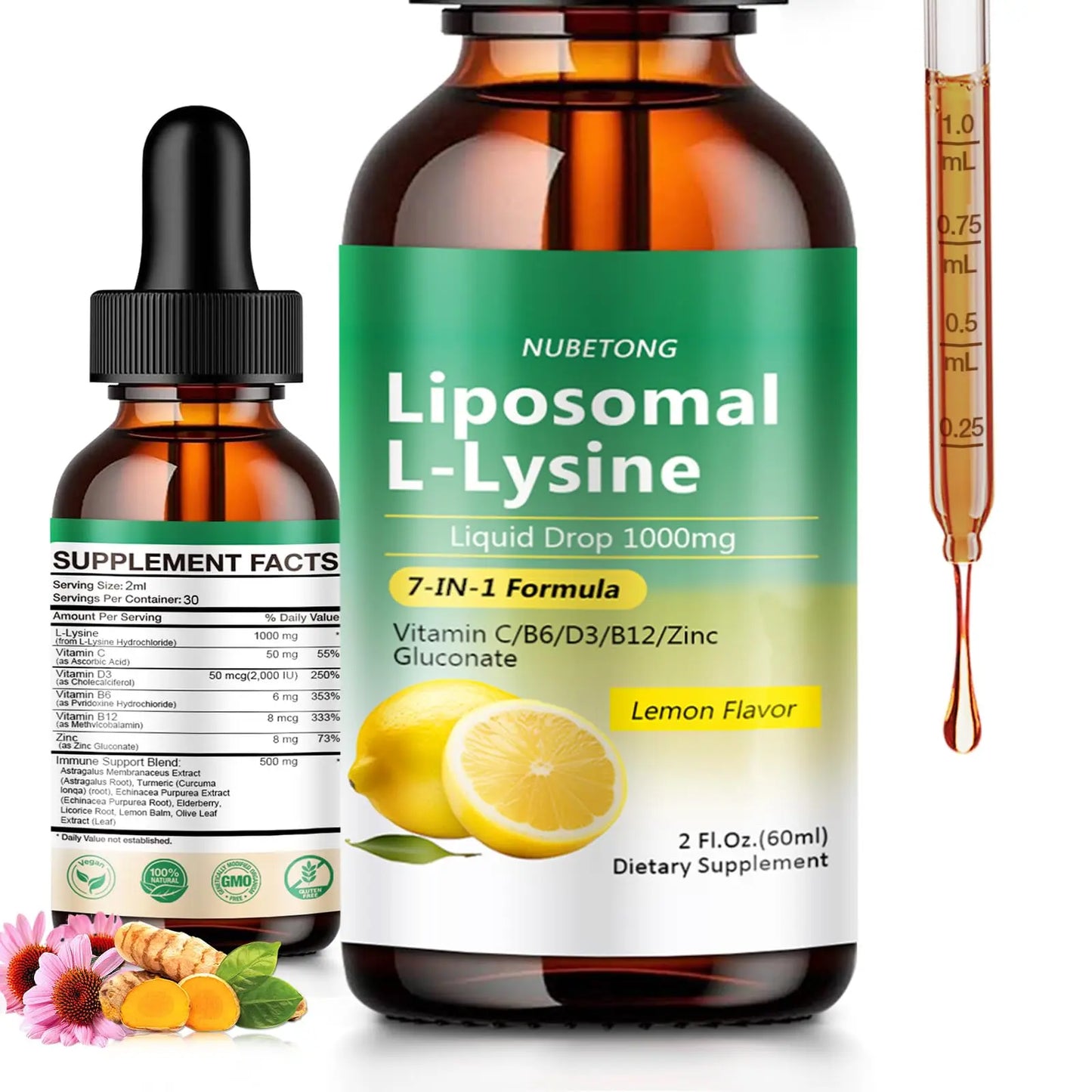 Liposomal L-Lysine 1000mg Liquid Drops, 7-in-1 Lysine Supplement for Adults with Vitamin C/B6/D3/B12 & Zinc Gluconate, Immune Support, Collagen Synthesis & Skin Lip Health, Lemon Flavor, 2 Fl Oz Nubetong