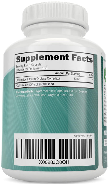 Lithium Orotate 5mg, 180 Vegetarian Lithium Capsules, Supplement Lithium Orotate 5mg, 180 Vegetarian Lithium Capsules, Helps Maintain Healthy Mood Purely Holistic