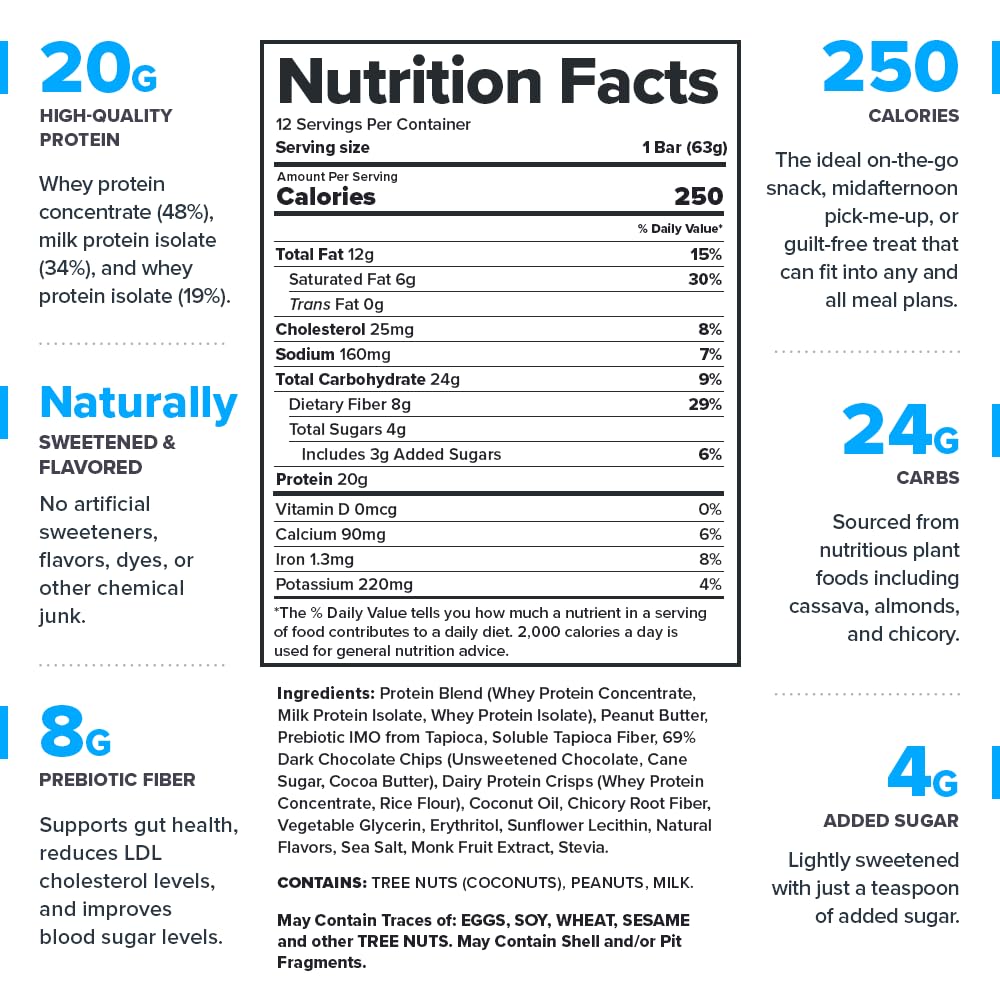 Legion Chocolate Chip Cookie Dough Protein Bar - 100% Whey Protein Bars Low Sugar High Protein with Prebiotic Fiber - Soy-Free, Gluten Free, Naturally Flavored, Low Fat, High Protein Bars (12 Count)