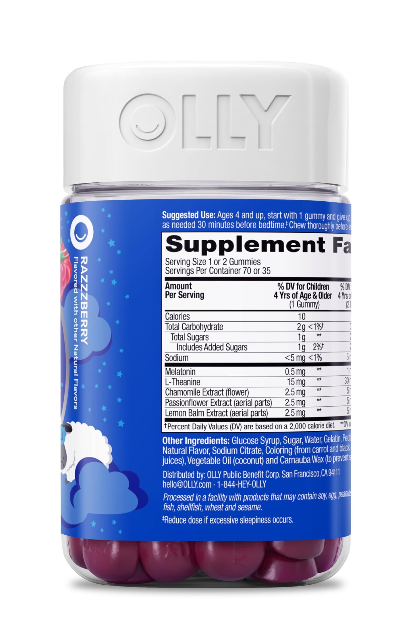 OLLY Kids Sleep Gummies, 0.5mg Melatonin, L Theanine, Chamomile, and Lemon Balm, Raspberry - 70 Count OLLY