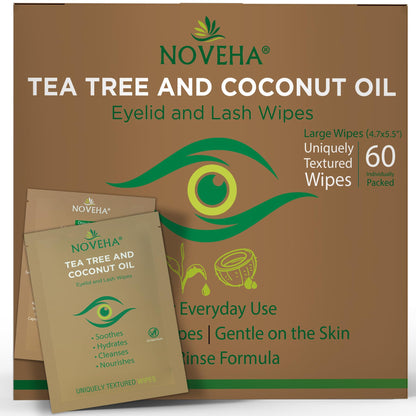 NOVEHA 60PCs Tea Tree & Coconut Oil Eyelid & Lash Wipes - For Demodex, Blepharitis & Itchy Eyes, Individually Wrapped Eyelash Wipes With Aloe Vera, Natural Makeup Remover & Daily Eye Cleanser NOVEHA