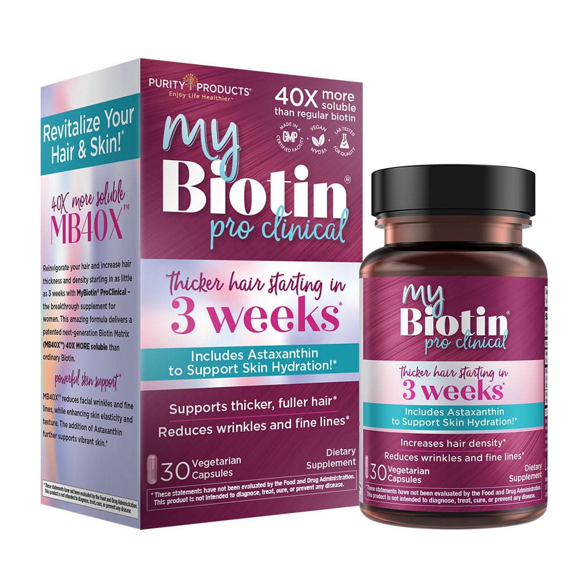 Purity Products MyBiotin ProClinical – Thicker Hair Starting in 3 Weeks & Fights Wrinkles - MB40X Patented Biotin Vitamin B7 Matrix w/Astaxanthin Purity Products