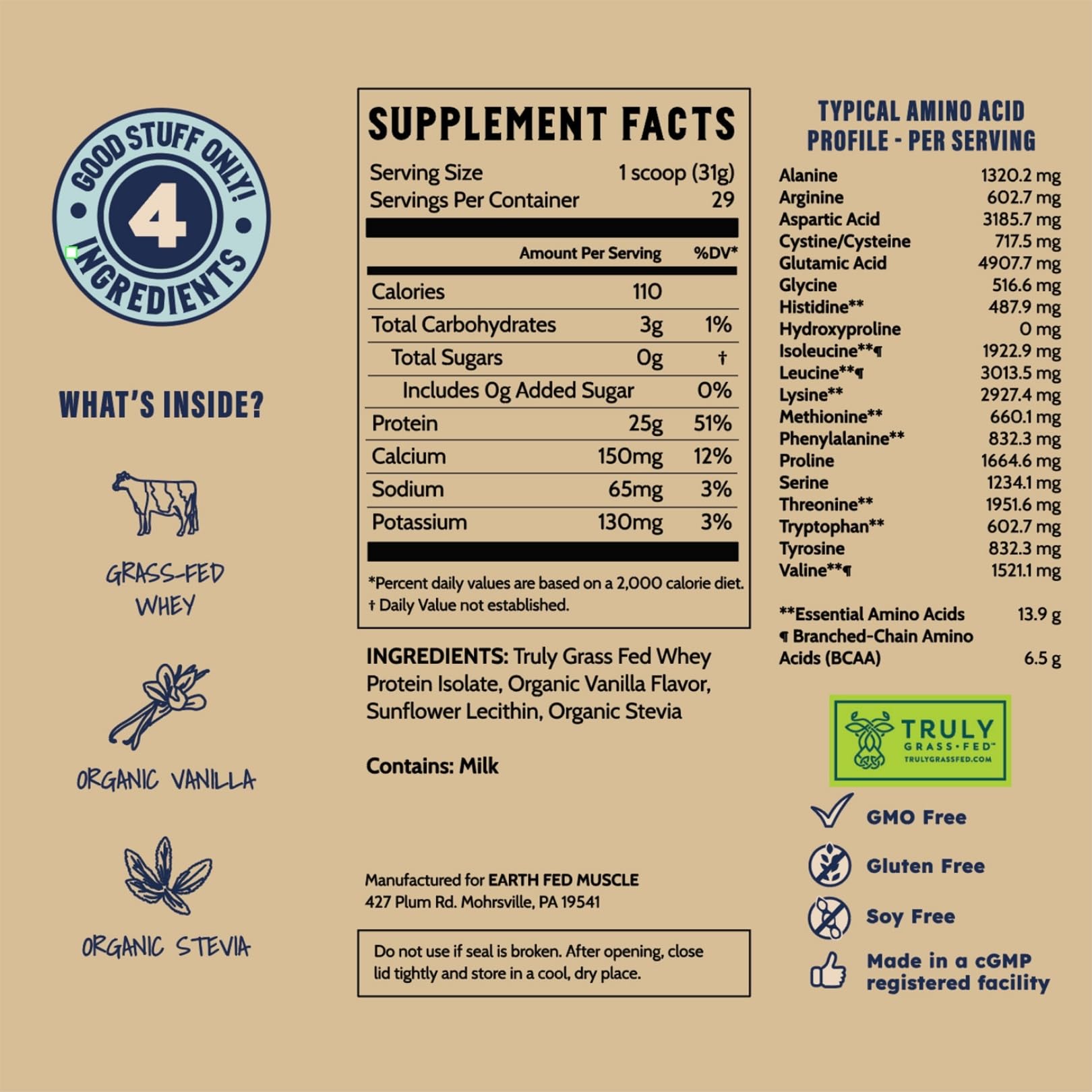 Earth Fed Muscle Whey Back Irish Grass Fed Whey Protein Isolate, Third-Party Certified. 25g Protein, Vanilla - Non-GMO, Hormone Free, Soy Free, Gluten Free - 2 LB, 29 Servings Earth Fed Muscle buy australia supplements