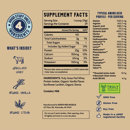 Earth Fed Muscle Whey Back Irish Grass Fed Whey Protein Isolate, Third-Party Certified. 25g Protein, Vanilla - Non-GMO, Hormone Free, Soy Free, Gluten Free - 2 LB, 29 Servings Earth Fed Muscle