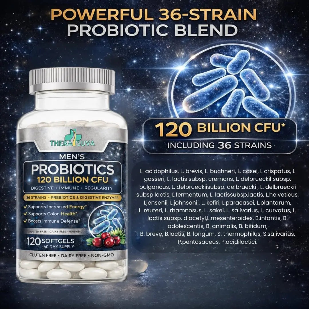 Men’s Advanced Probiotics 120 Billion CFU - 36 Strains + Prebiotics, Enzymes & Veggie Blend for Gut, Immune & Colon Health - 2 Month Supply, 120 Softgels TheraSuva