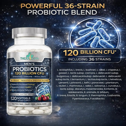 Men’s Advanced Probiotics 120 Billion CFU - 36 Strains + Prebiotics, Enzymes & Veggie Blend for Gut, Immune & Colon Health - 2 Month Supply, 120 Softgels TheraSuva