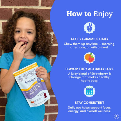FIRST DAY Kids Magnesium Citrate Gummies (Ages 4+) with No Melatonin | Calm Kids Magnesium Gummies | Bedtime Supplement for Better Sleep with Suntheanine FIRST DAY