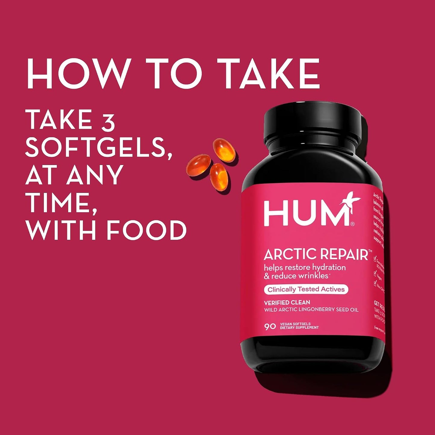 HUM Arctic Repair Clear Skin Supplement with Omega 3, Vitamin E, A, and Lingonberry Seed Oil, Skin Repair with Omega 3 6 9 to Help Support Appearance of Wrinkles & Hydrate, 90 Vegan Softgels