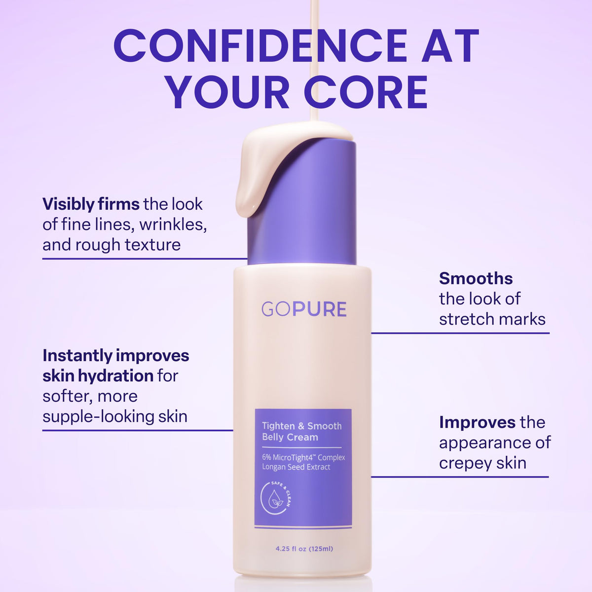 GOPURE Tighten & Smooth Belly Cream - Clinically Tested with MicroTight4 Complex to Reduce the Appearance of Cellulite & Stretch Marks - Quick Absorbing for Smoother, Firmer-Looking Skin, 4.25oz goPure