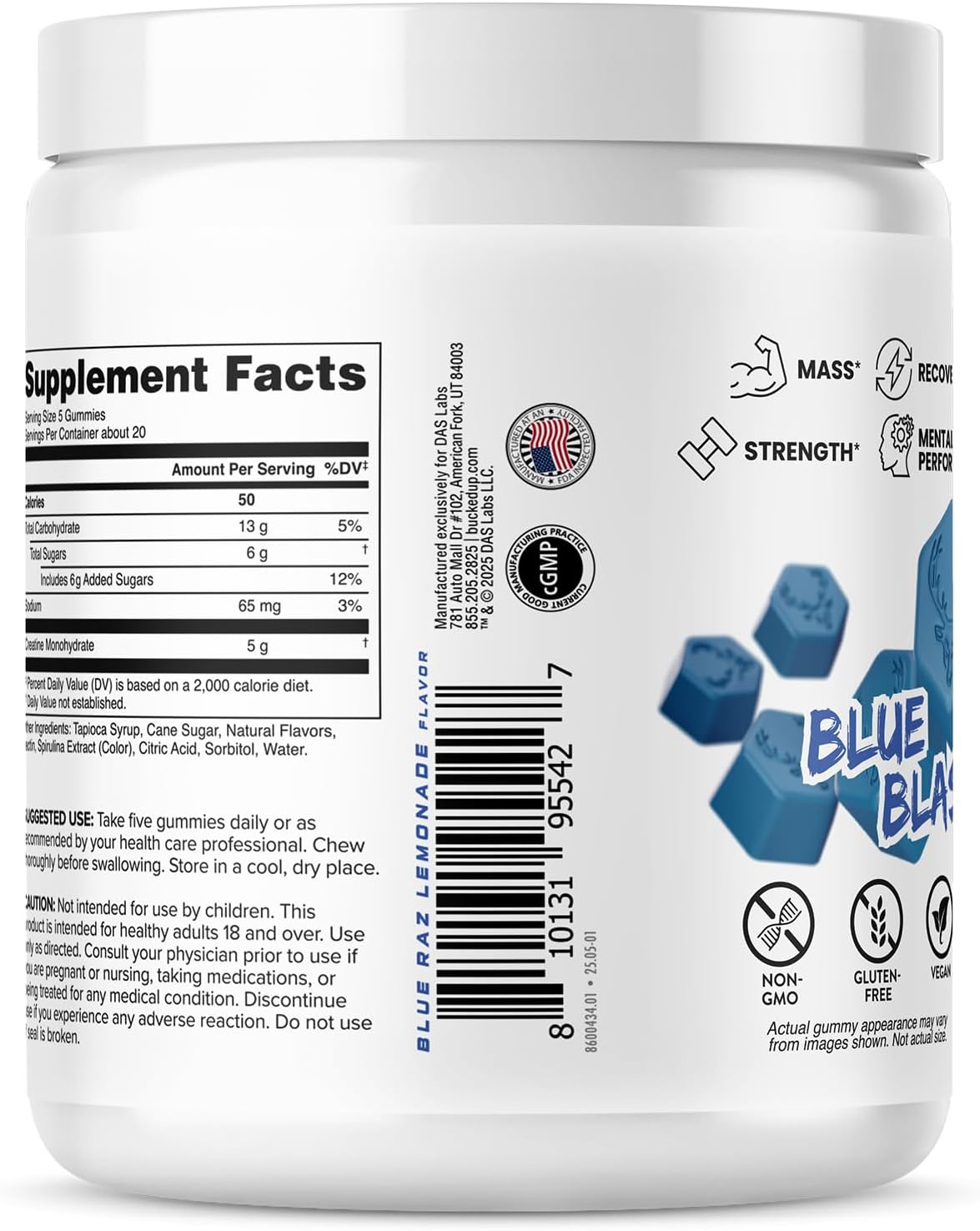 Bucked Up Creatine Gummy Bucks Blue Blast | 5g Creatine Monohydrate per Serving | Non GMO Gluten Free Vegan Creatine Gummies | Chewable Creatine Supplement (20 Servings)