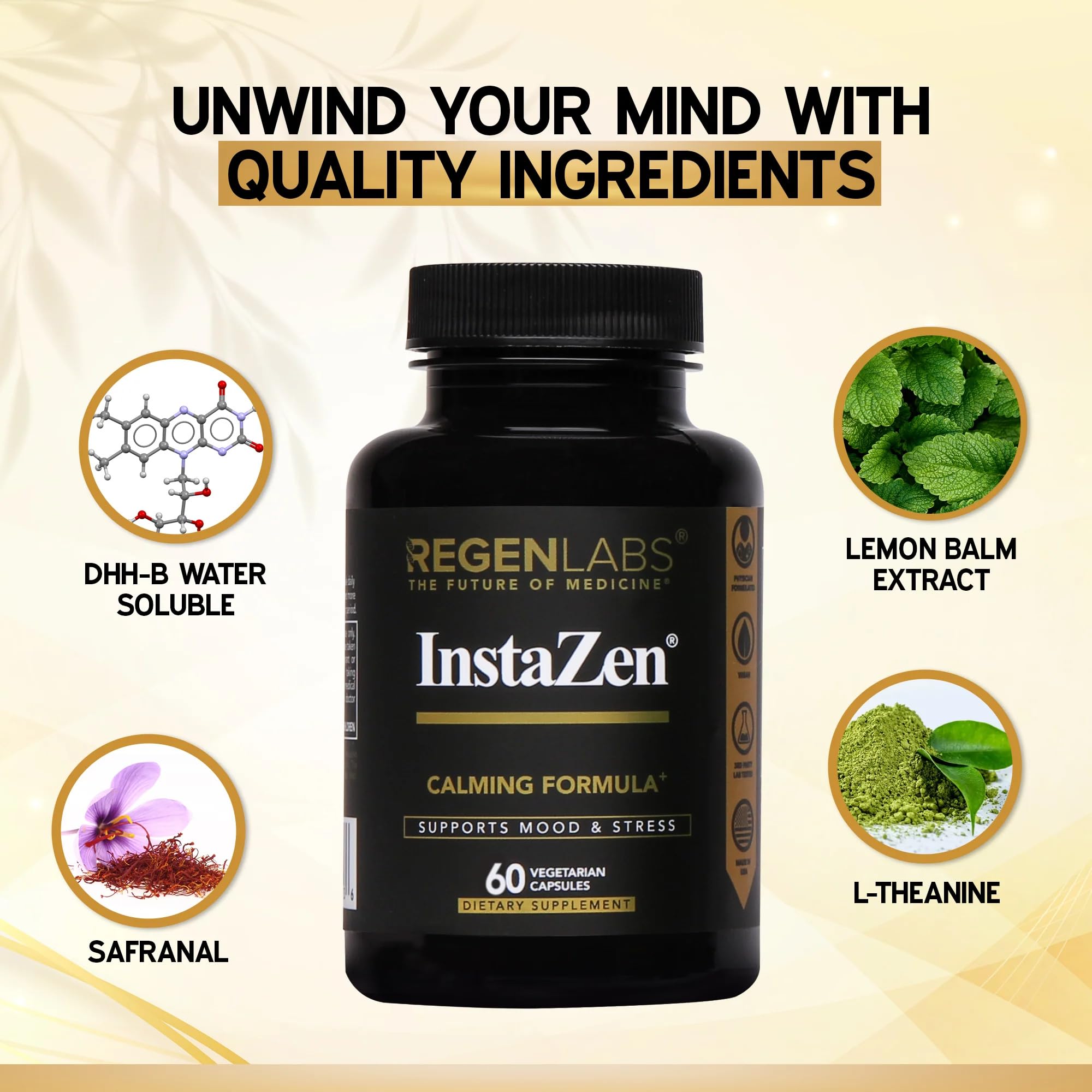 InstaZen Natural Stress Relief Supplement Mood Support | Doctor Formulated Herbal Calm Formula with DHHB, Safranal Extract, L-Theanine, Lemon Balm | Stress Support - 60 Capsules Regen Labs Regen Labs buy australia supplements