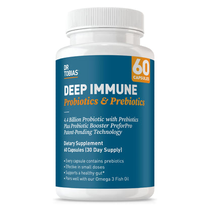 Dr. Tobias Deep Immune Probiotic + Prebiotic for Immune & Gut Health | Spore Forming Probiotics + Prebiotics | Synergetic Support for Digestion & Immune Health | Shelf Stable | 60 Capsules