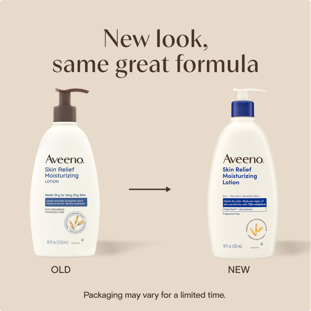 Aveeno Skin Relief Moisturizing Body Lotion Heals Very Dry, Sensitive Skin, Fast Absorbing Lotion with Soothing Triple Oat & Shea Butter Formula, Fragrance Free Lotion, Non-Comedogenic, 18 Fl Oz Aveeno