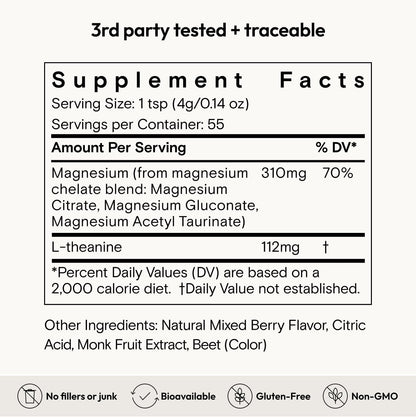 Moon Juice Magnesi-Om Magnesium Powder Supplement - Chelated Magnesium Complex + L-Theanine Blend for Rest, Relaxation & Regularity - Vegan, Non-GMO & No Sugar, Berry, 4.2 oz, 30 Servings