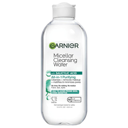 Garnier Micellar Water with Salicylic Acid, All-in-1 Mattifying Facial Cleanser and Makeup Remover for Oily and Acne Prone Skin, 13.5 Fl Oz Garnier