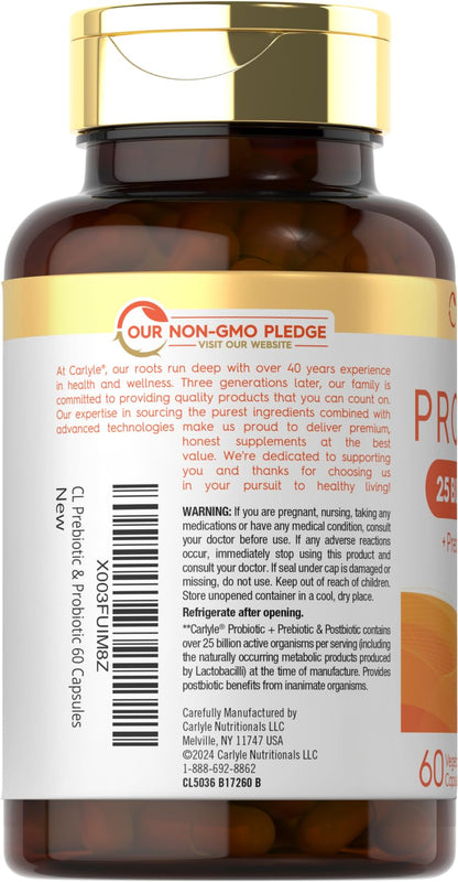 Carlyle Probiotic with Prebiotics & Postbiotics | 25 Billion CFU | 60 Capsules | Supplement for Women & Men | Powder Pills Carlyle