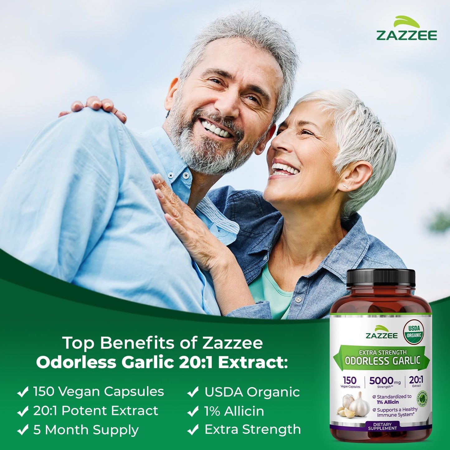 Zazzee USDA Organic Odorless Garlic 20:1 Extract, 1% Allicin, 100 Capsules | Vegan, 3+ Month Supply, Allium Sativum, Immune, Circulation & Heart Health Support, All-Natural, Non-GMO, Made in the USA Gsupps Australia