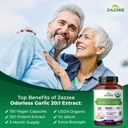 Zazzee USDA Organic Odorless Garlic 20:1 Extract, 1% Allicin, 100 Capsules | Vegan, 3+ Month Supply, Allium Sativum, Immune, Circulation & Heart Health Support, All-Natural, Non-GMO, Made in the USA Gsupps Australia