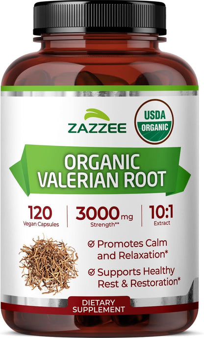 Zazzee USDA Organic Valerian Root 10:1 Extract, 120 Vegan Capsules | 4 Month Supply, Relaxation, Calm & Mood Support, Valeriana Officinalis, All-Natural, Non-GMO, Made in the USA Gsupps Australia
