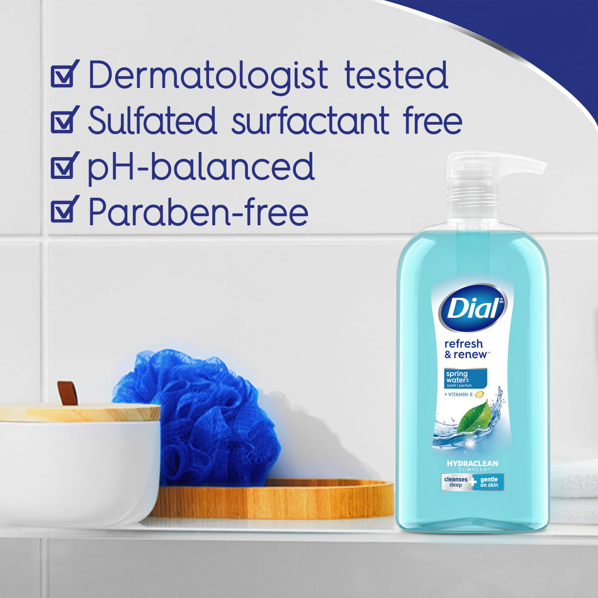 Dial Body Wash, Refresh & Renew Spring Water, 23 Fl Oz (Pack of 3), Hydraclean Complex & Vitamin E, Gentle, Leaves Skin Feeling Nourished, Dermatologist-Tested, No Parabens & Sulfates Dial