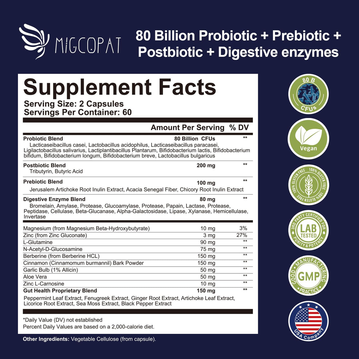 Migcopat Probiotics for Digestive Health, 80 Billion CFU Probiotics, Prebiotics, Postbiotics & Digestive Enzymes, Gut Health Capsules with Berberine, Cinnamon, Migcopat