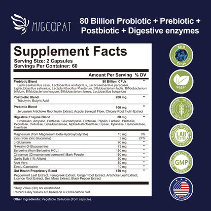 Migcopat Probiotics for Digestive Health, 80 Billion CFU Probiotics, Prebiotics, Postbiotics & Digestive Enzymes, Gut Health Capsules with Berberine, Cinnamon, Migcopat