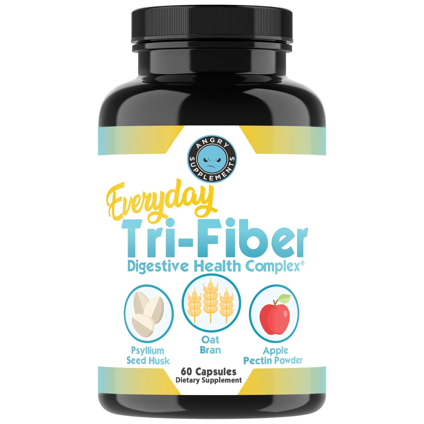 Angry Supplements Tri-Fiber Digestive Health Complex – Psyllium Husk, Oat Bran & Apple Pectin – Prebiotic Fiber for Gut Health & Regularity – 60 Capsules (2-Bottles) Angry Supplements