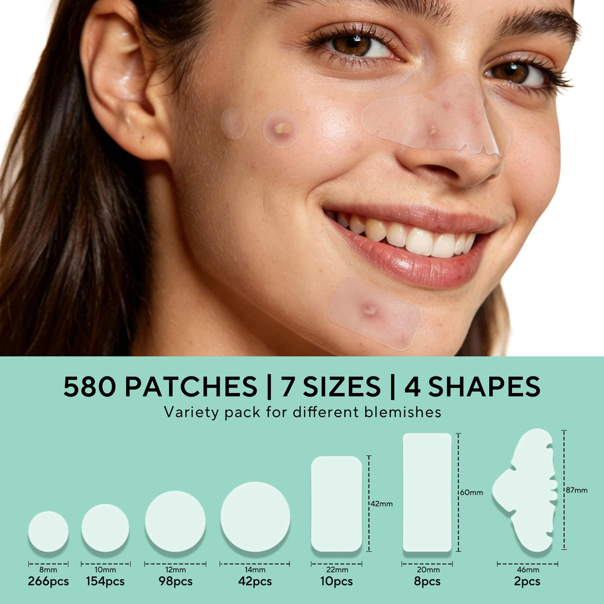 QUSTERE 580 Count Pimple Patches for Face, Large Hydrocolloid Acne Patches Stickers Bandages, Blemishes Zit Breakouts for Cheeks, Forehead, Chin, Nose for Full Face & Body | 7 Sizes | 4 Shapes QUSTERE