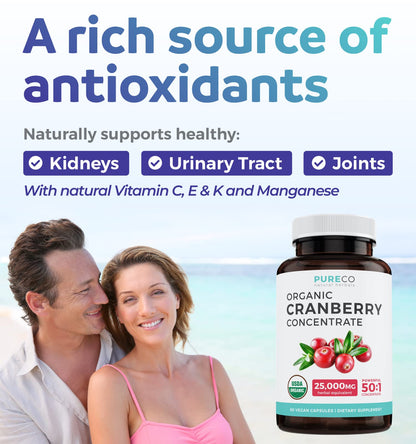 Organic Cranberry Pills - Vegan Supplement for Urinary Tract Health & Kidney Cleanse - Cranberry Pills for Women 500mg 50:1 Cranberry Concentrate Per Serving PURE CO