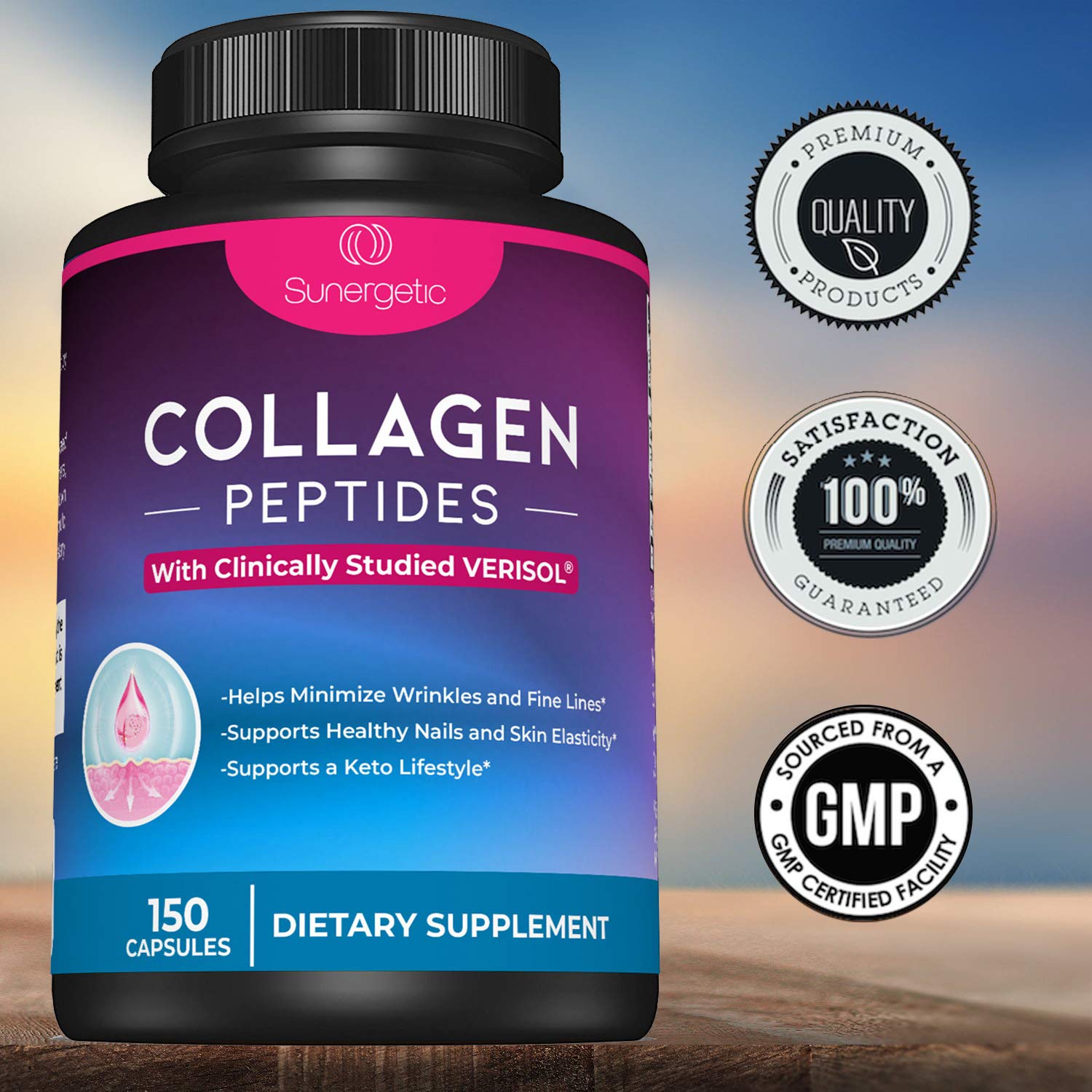 Sunergetic Premium Collagen Peptides Capsules – 2500 mg of VERISOL Collagen Peptides Type 1 & Type 3 – Multi Collagen Supplement to Support Joint Health, Hair, Skin & Nails – 150 Collagen Capsules Sunergetic buy australia supplements