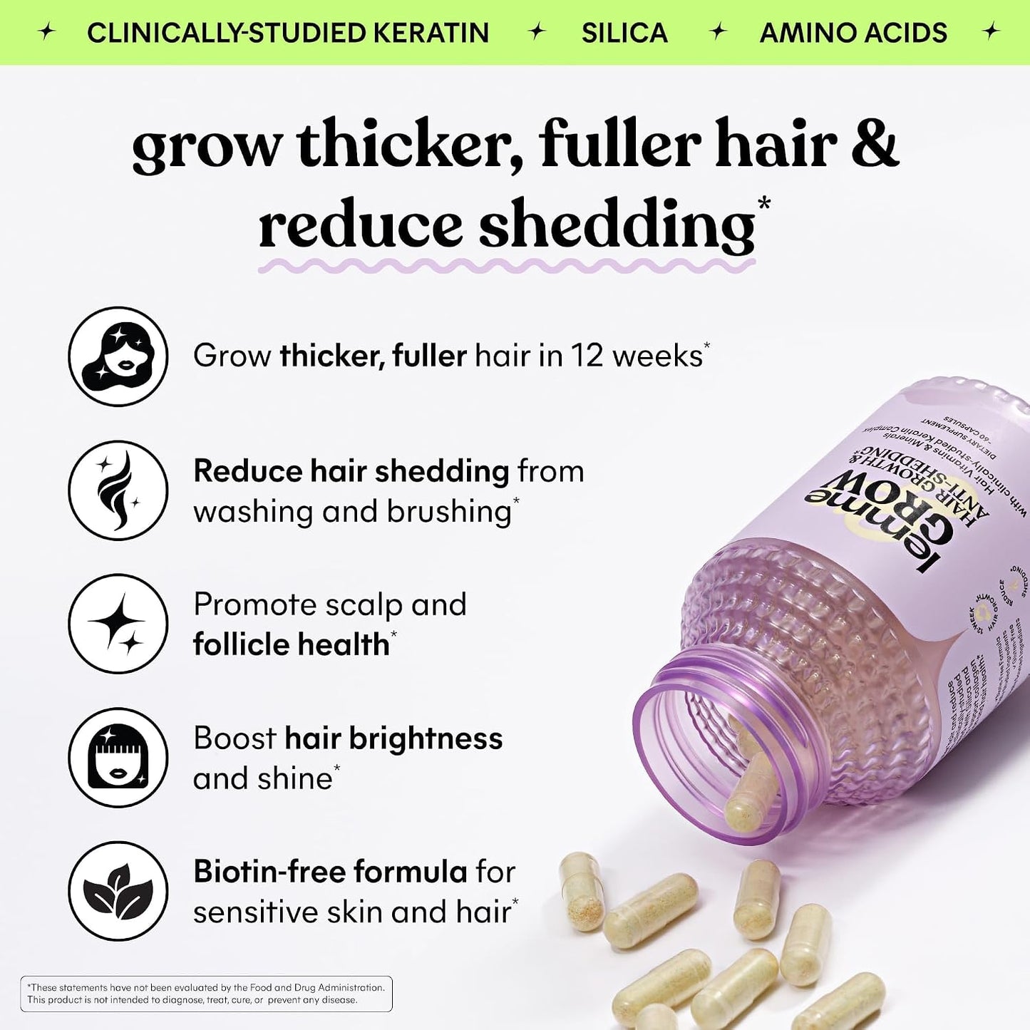 Lemme Grow Hair Growth Capsules for Women, Clinically Studied Keratin Complex, Visibly Thicker Hair & Reduced Shedding, Nourish Thinning Hair, Biotin-Free, 30 Count, 30-Day Supply
