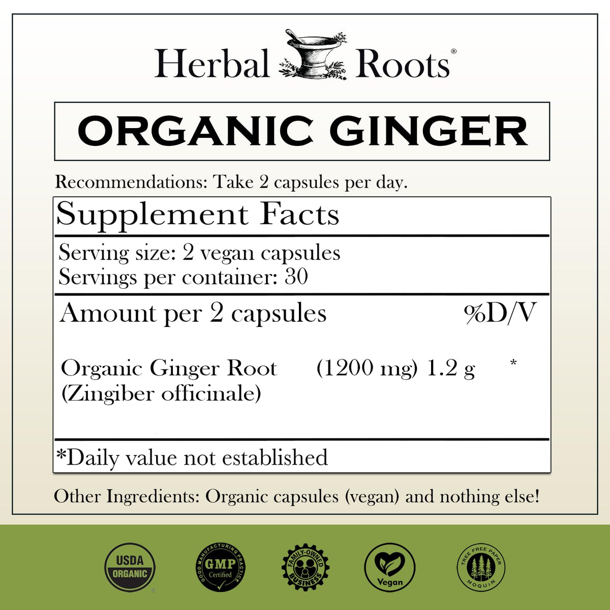 Herbal Roots Ginger Supplement | Organic Ginger Root Capsules | 1,200 mg of Pure Ginger Powder per Serving | 60 Vegan Capsules Herbal Roots