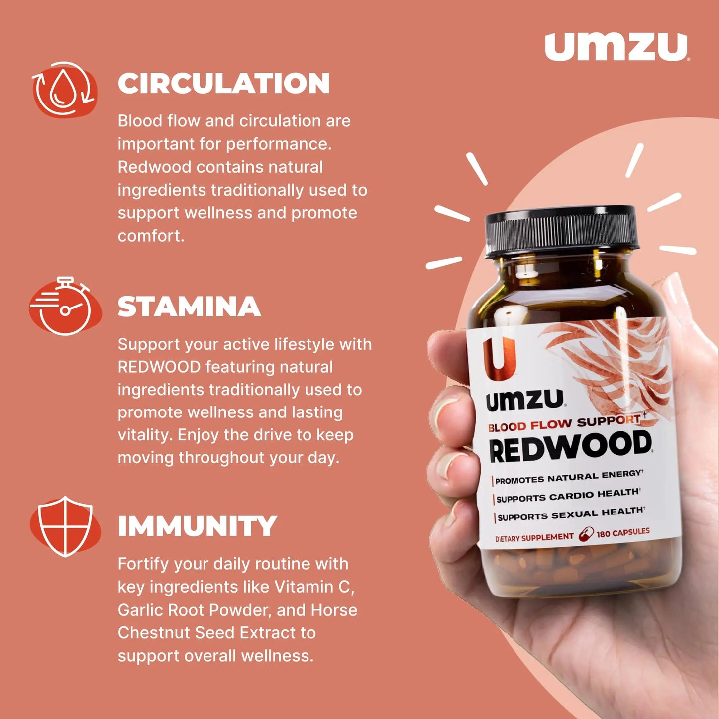 UMZU Redwood Nitric Oxide Booster, (30 Day Supply) – Vitamin C, Garlic & Horse Chestnut – Healthy Circulation & Endurance – Daily Cardiovascular Support Nitric Oxide UMZU