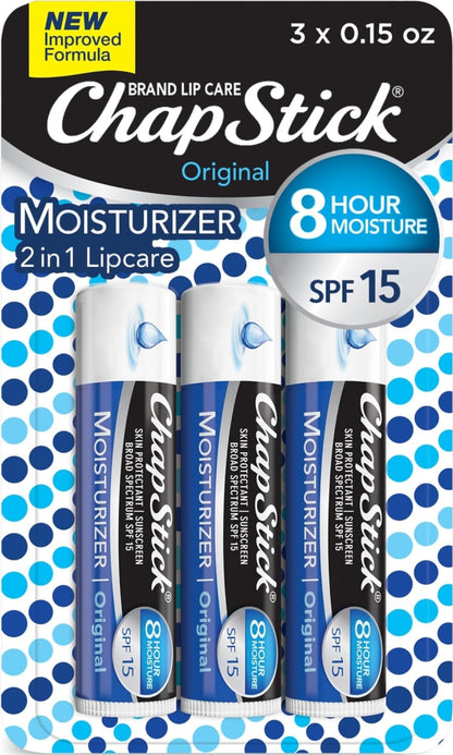 ChapStick Moisturizer Original Lip Balm Tubes, SPF 15 and Skin Protectant - 0.15 Oz, 3 Count (Pack of 1) ChapStick