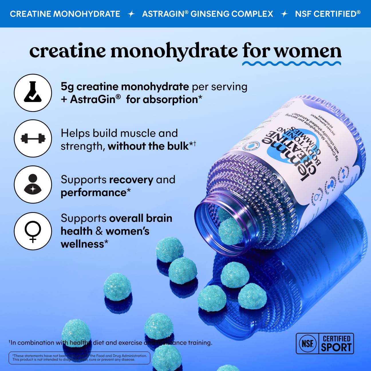 Lemme Creatine Monohydrate Gummies for Women and Men, 5g Dose to Support Lean Muscle, Strength, Recovery, Cognitive Health, w/Ginseng for Absorption, Sour Strawberry, NSF Certified, 60 Gummies