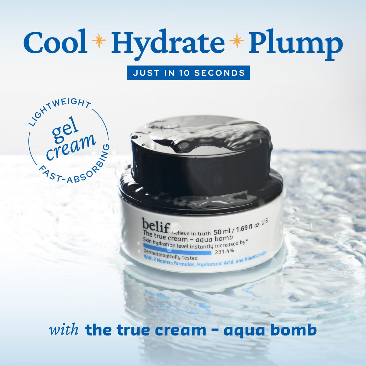 belif Aqua Bomb – Lightweight Gel Moisturizer with Niacinamide, Hyaluronic Acid & Squalane | 72H Hydration + Cooling Effect, Korean Skincare (3.3 fl oz) belif