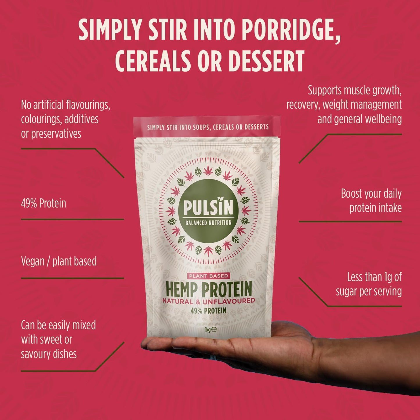 Pulsin - Natural Unflavoured Vegan Hemp Protein Powder - 1kg - 4.9g Protein, 0.4g Carbs, 35 Kcal Per Serving PulsinBuy Supplements Australia