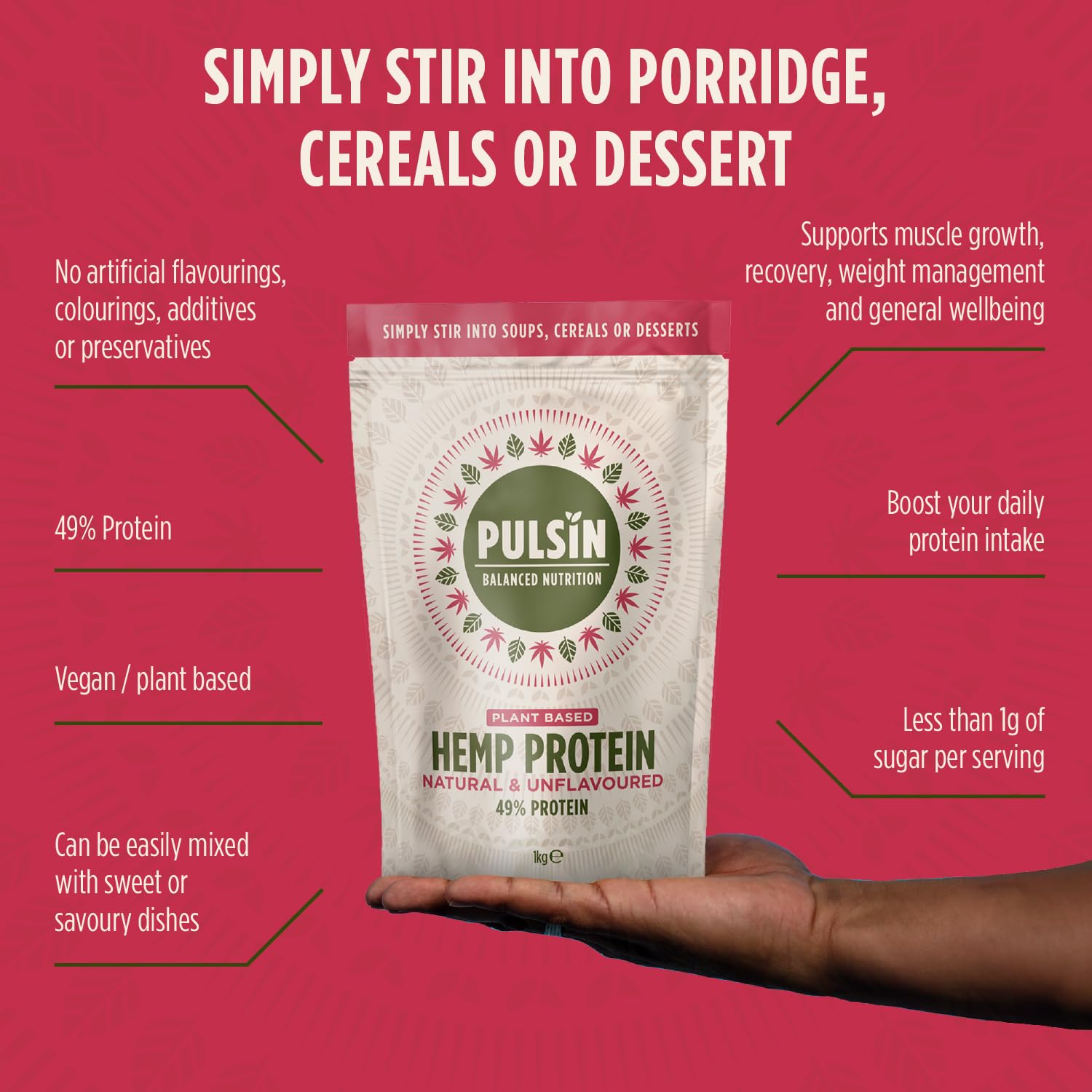 Pulsin - Natural Unflavoured Vegan Hemp Protein Powder - 1kg - 4.9g Protein, 0.4g Carbs, 35 Kcal Per Serving PulsinBuy Supplements Australia