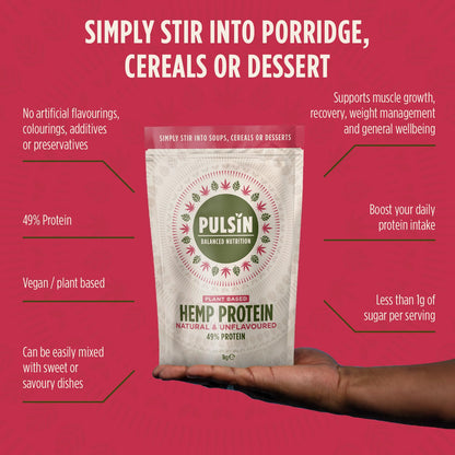 Pulsin - Natural Unflavoured Vegan Hemp Protein Powder - 1kg - 4.9g Protein, 0.4g Carbs, 35 Kcal Per Serving PulsinBuy Supplements Australia