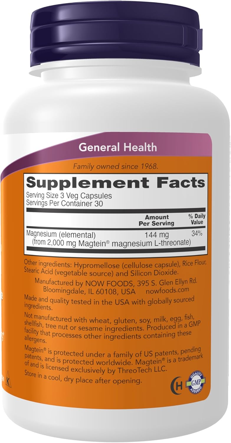 NOW Foods Supplements, Magtein™ with patented form of Magnesium (Mg), Cognitive Support*, 90 Veg Capsules Gsupps Australia