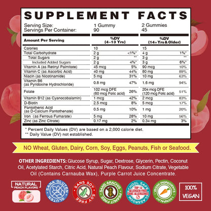 Vegan Iron Gummies Supplement - with Vitamin C, A, B-Complex, Folate, Zinc for Adults & Kids - Health Blood & Energy Support for Iron Deficiency, VEGEPOWER