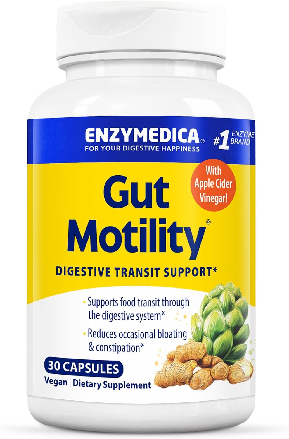 Enzymedica Gut Motility Supplement for Men & Women - Apple Cider Vinegar Capsules with Artichoke & Ginger Extract, Digestive Health Support for Adults, Reduces Occasional Bloating & Gas - 30 Caps | Artichoke, Ginger Gsupps Australia