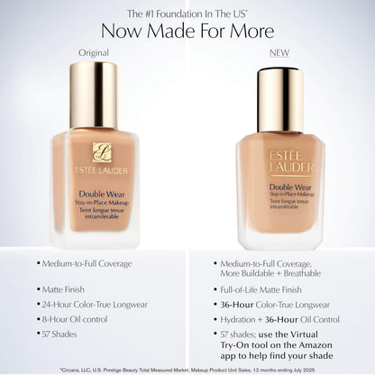 Estée Lauder Double Wear Stay-in-Place Foundation Makeup | 36-Hour Long-Wear Oil-Free Liquid Matte Foundation | Hydrating, Breathable, Buildable | New Formula, 1 Fl Oz, 2N2 Buff Estée Lauder