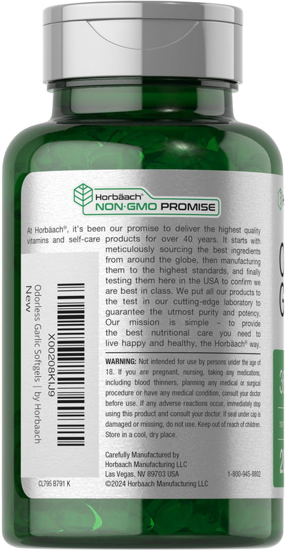 Horbäach Odorless Garlic Softgel Supplement | 200 Count | Ultra Potent Concentrated Herbal Extract | Non-GMO & Gluten Free Horbäach